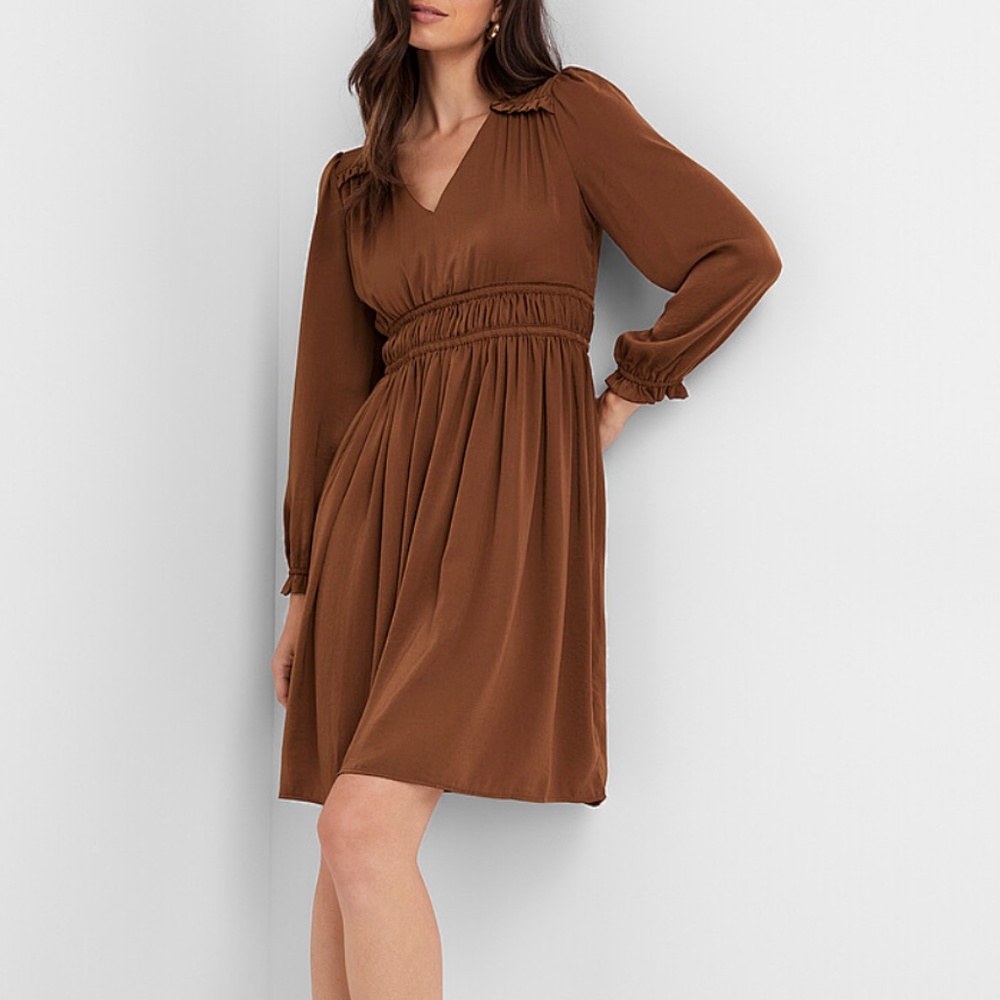 Tommy Hilfiger chocolate brown pleated long sleeve satiny A-line dress NWT